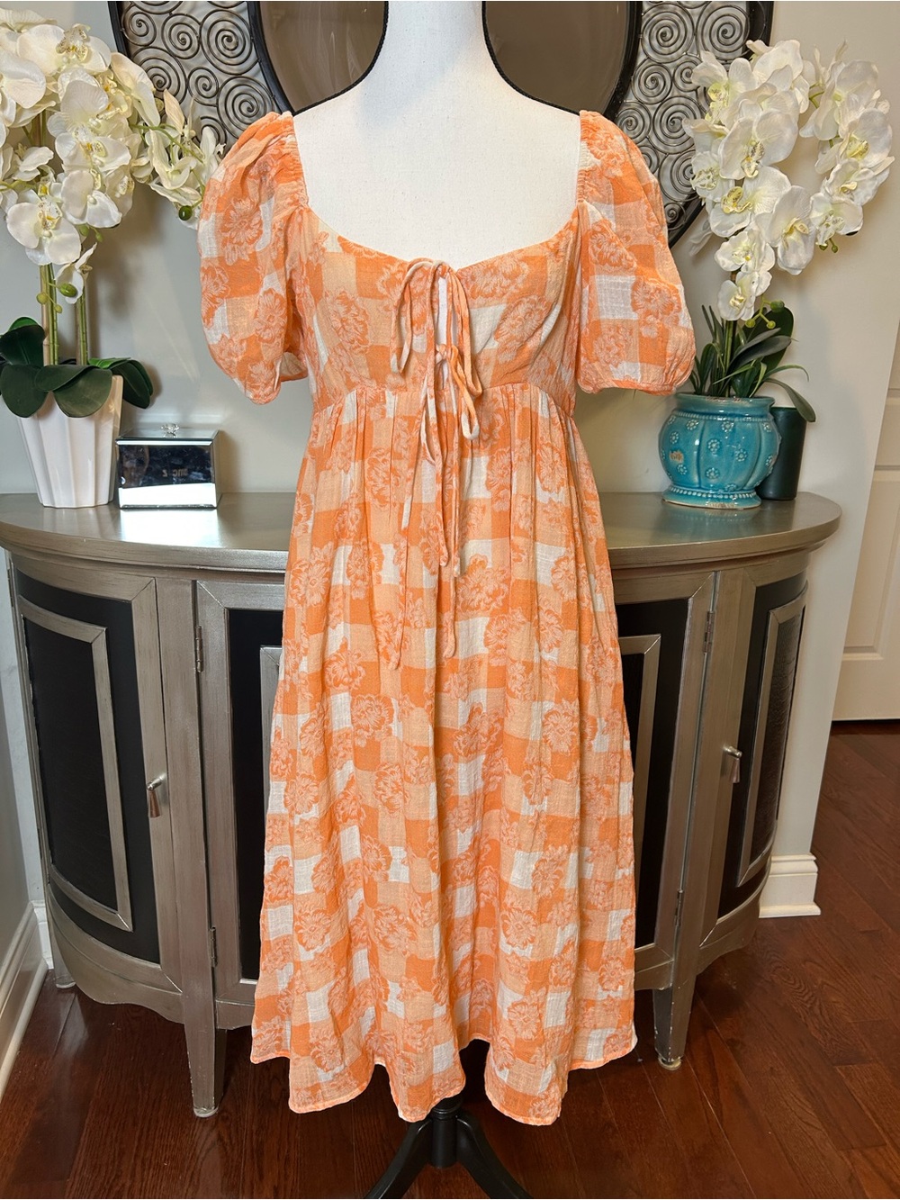 Olivaceous Orange & Cream Floral Check Tie-Front Midi Dress
